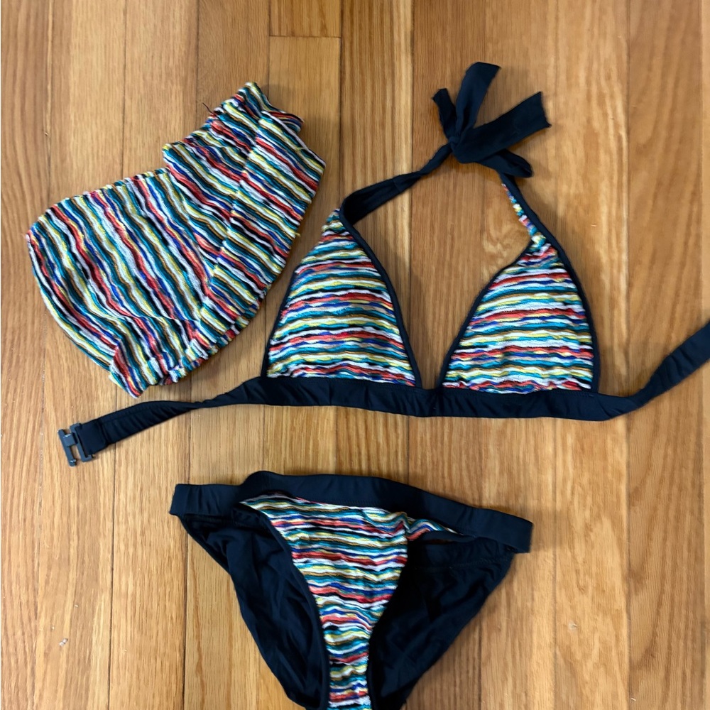 Missoni Striped Multicolor Triangle Bikini Set with black Trim size 40